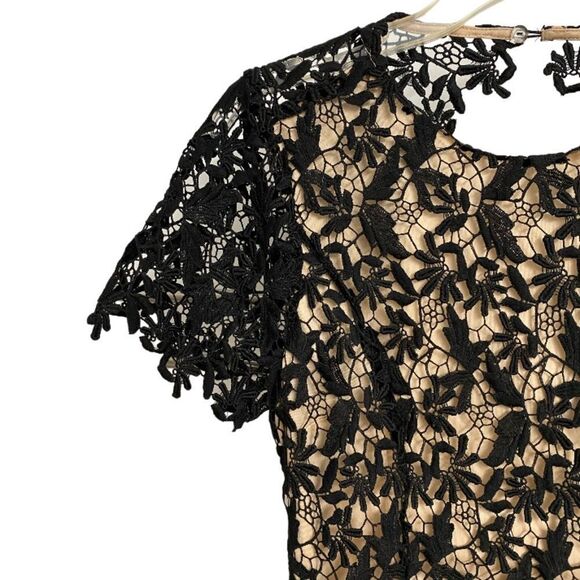 NWOT NSR Open Back Lace Overlay Midi Dress Size M Black Beige Short Sleeve Fairy - Picture 5 of 16